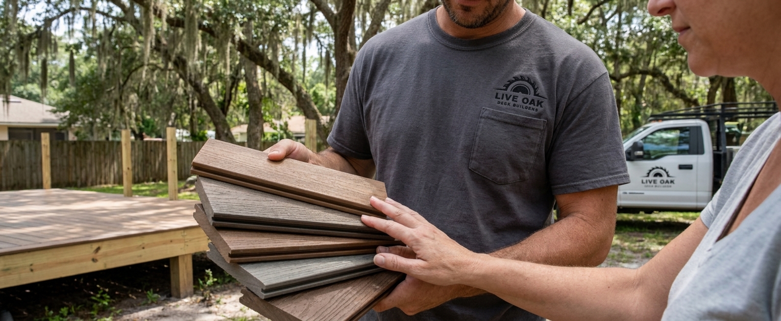 Live Oak deck builder showing composite decking material samples to a homeowner