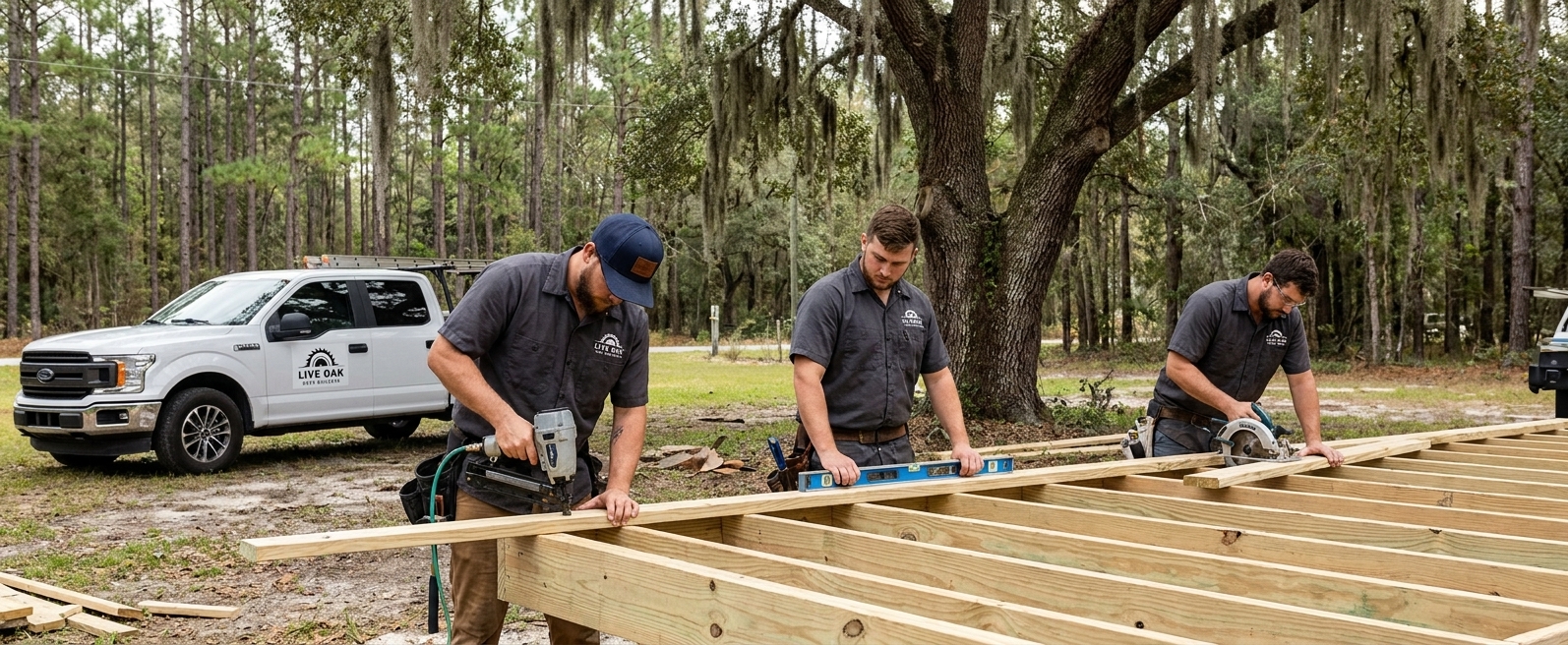 Live Oak deck builder framing a custom deck before decking installation