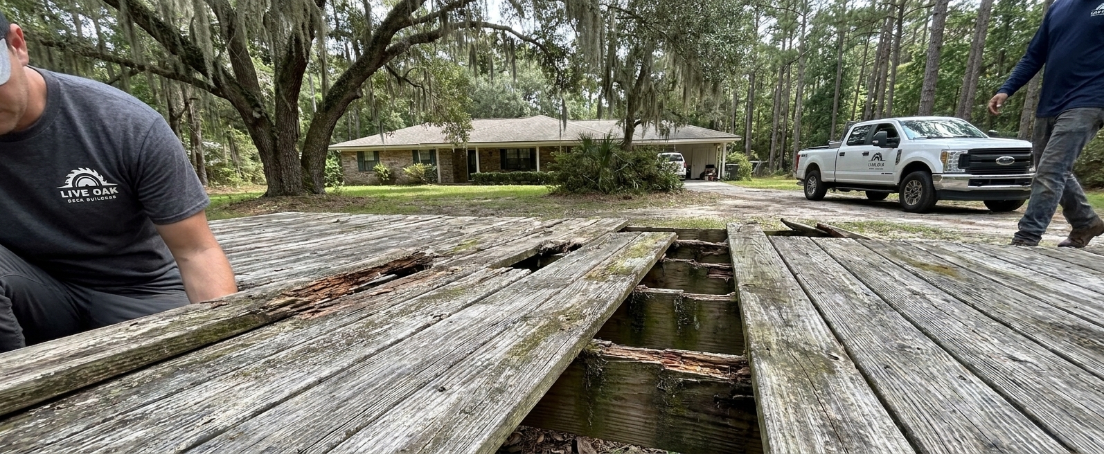 Old weathered wood deck in Live Oak in need of repair, staining and sealing