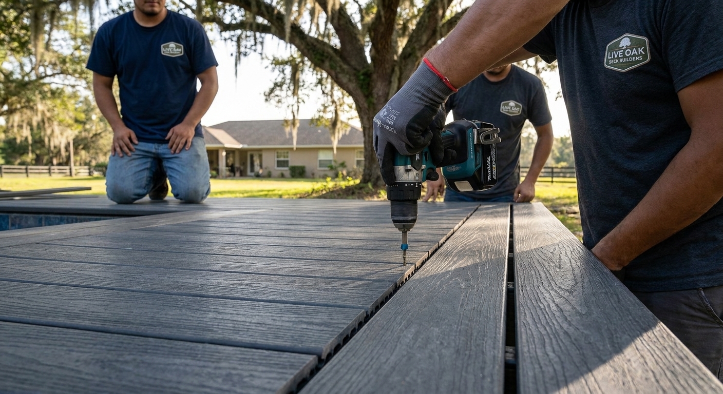 Slip-resistant composite pool deck with proper drainage detail in Live Oak